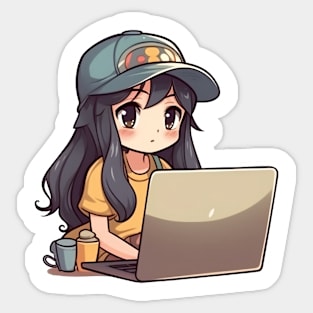 Kawaii Anime girl using laptop Sticker